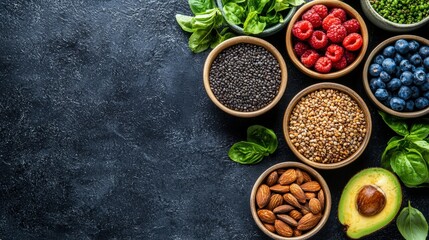 Healthy Superfoods Selection with Nuts, Berries, and Greens on Table