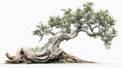 Ancient juniper tree, leaning, white background, desert landscape, nature photography