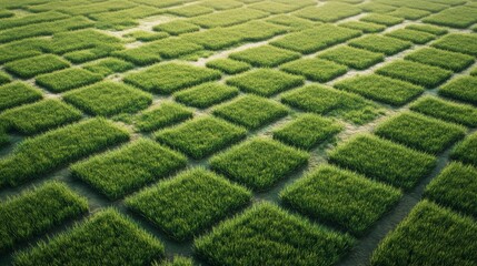 Aerial view of a vibrant green landscape showcasing perfectly patterned grass in squares, reflecting nature's growth and agricultural harmony in a peaceful setting.