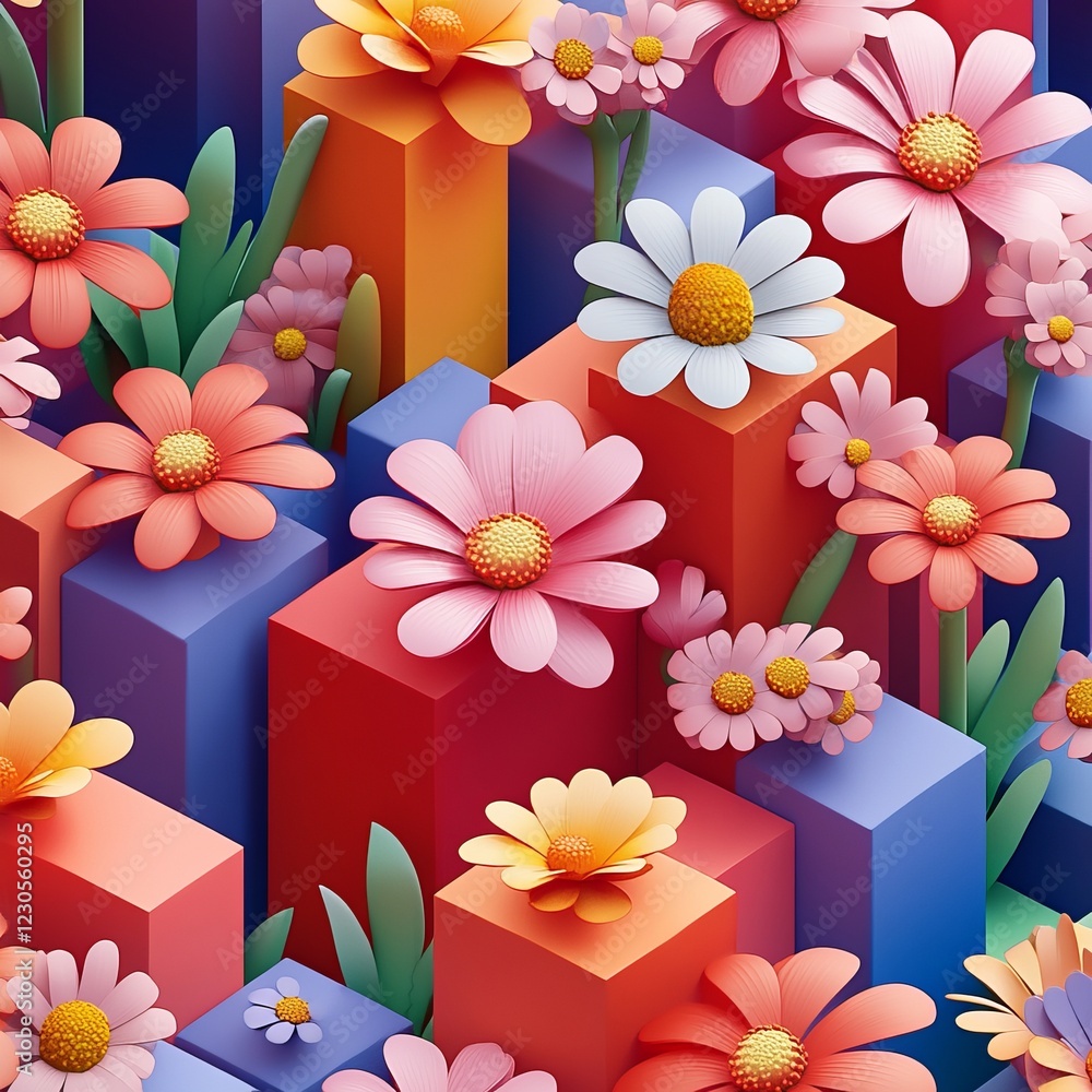 Poster a lively abstract design featuring colorful flowers and geometric shapes, creating a modern and arti
