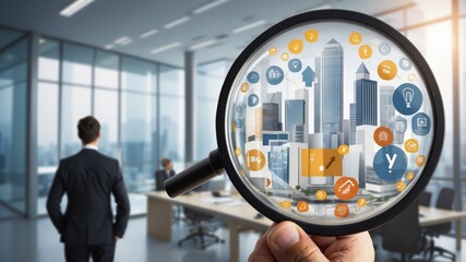 A magnifying glass reveals a city skyline overlaid with data points, symbolizing urban data analysis and strategic planning within a modern office setting.