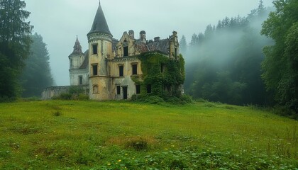 Overgrown ruin of a castle in a misty forest.