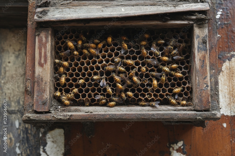 Poster honeycomb filled with busy bees in a rustic beehive during a sunny afternoon on a homestead