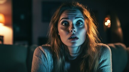 Fototapeta premium Scared woman watching horror movie in evening at home.