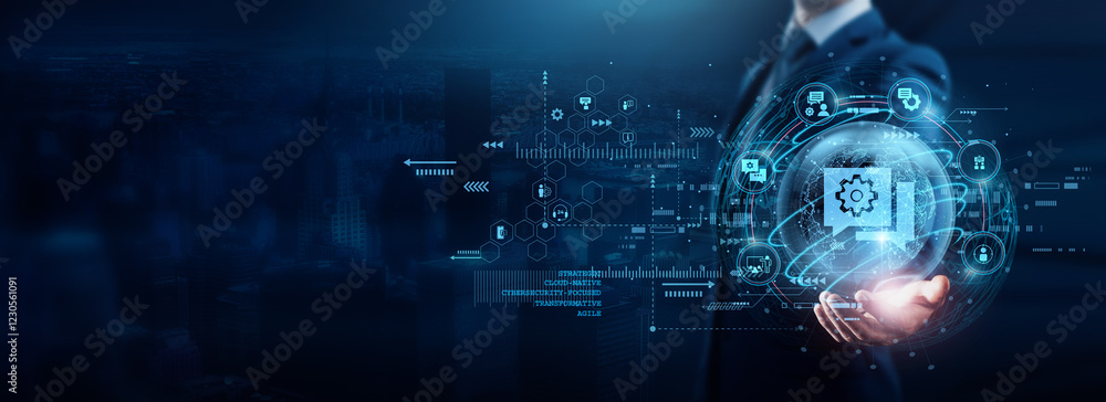 Poster businessman holding it consulting services, leveraging technology solutions to optimize operations a