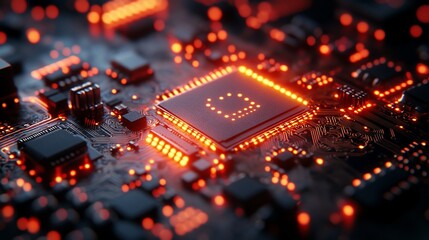 Close-up view of a glowing microchip on a circuit board with intricate connections