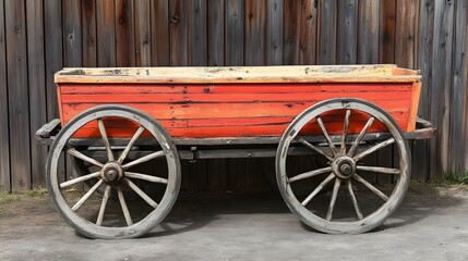 Obraz premium Vintage Red Wooden Farm Cart on Wooden Fence Background