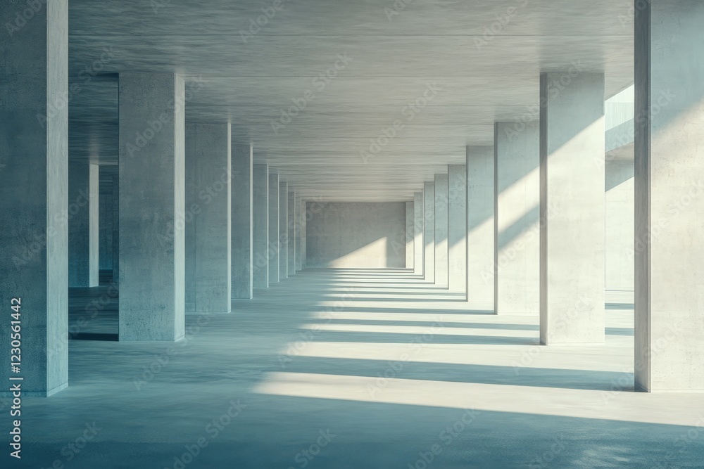 Aufkleber Modern concrete architecture with long shadows and minimal light exposure in a spacious industrial setting