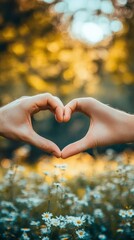 Two Hands Forming A Heart Shape Against A Blurred Background Of A Field Of Daisies. A Romantic And Peaceful Scene.