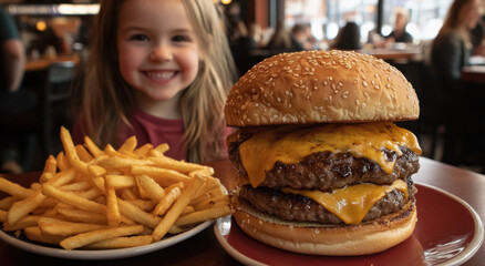 Little girl enjoys a big cheeseburger and fries while smiling joyfully in a busy restaurant setting