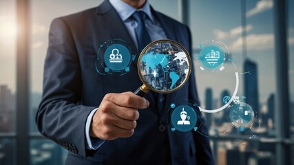 Global business analysis through data visualization. A professional examines worldwide market trends and logistical data using a magnifying glass and interactive interface.