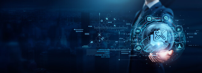 Technical support. Businessman holding technical support services to ensure system reliability. Proactively addressing issues to minimize downtime and enhance productivity.