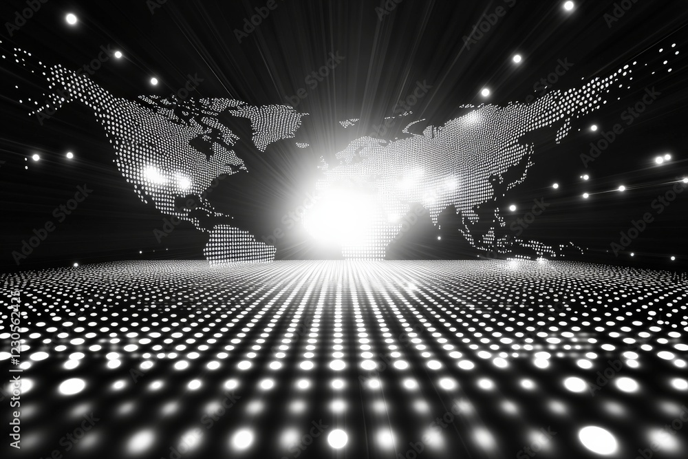 Aufkleber Visual display of a digital world map with illuminated lights creating a vibrant atmosphere in a dark environment