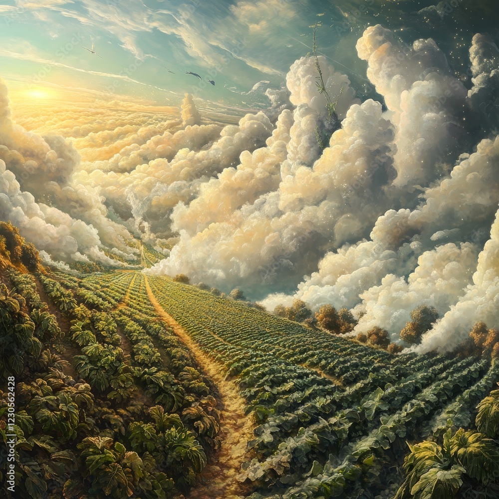 Poster a painting of a field with a path through it and a sky full of clouds. the mood of the painting is p