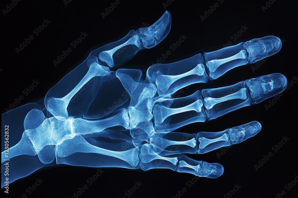 Poster Detailed X-ray of a human hand showcasing skeletal structure and bone alignment in a dark background