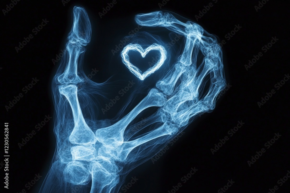 Poster x-ray hand forming a heart shape, symbolizing love and connection in an artistic display