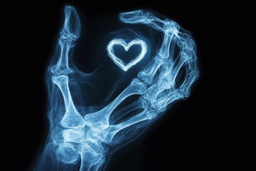 X-ray hand forming a heart shape, symbolizing love and connection in an artistic display