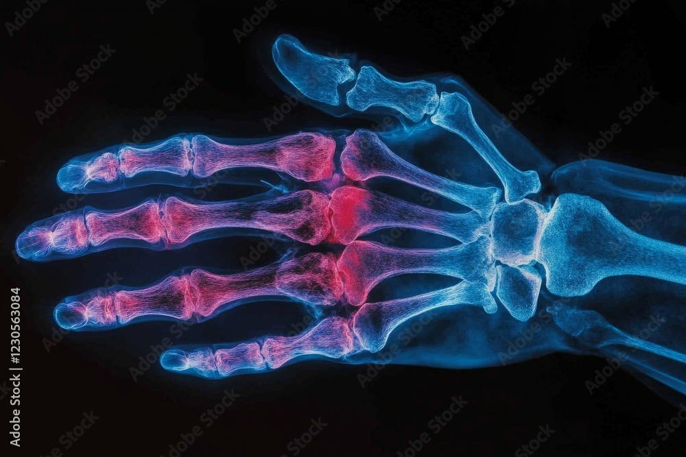 Poster x-ray of a human hand showcasing bone structure and digital highlighting of joints and tendons
