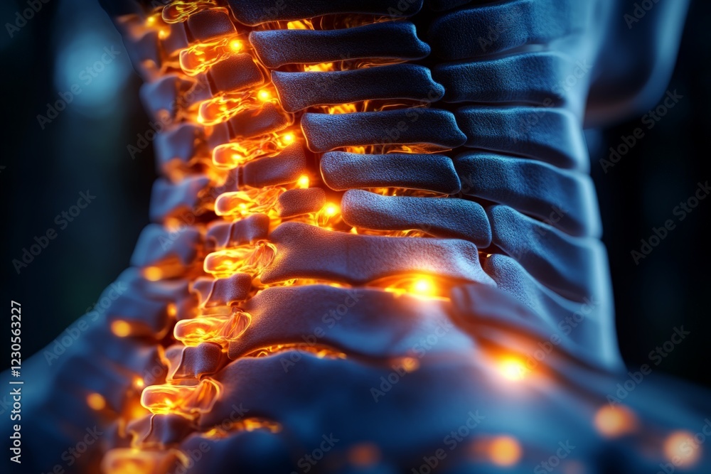 Aufkleber visual representation of a glowing human spine highlighting nerve signals in a dark environment