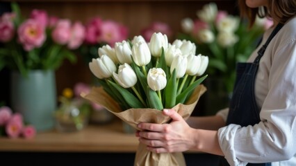 a large bouquet of white tulips in kraft paper in close-up in the hands of a florist girl. choosing a bouquet at a flower shop. bouquet assembly