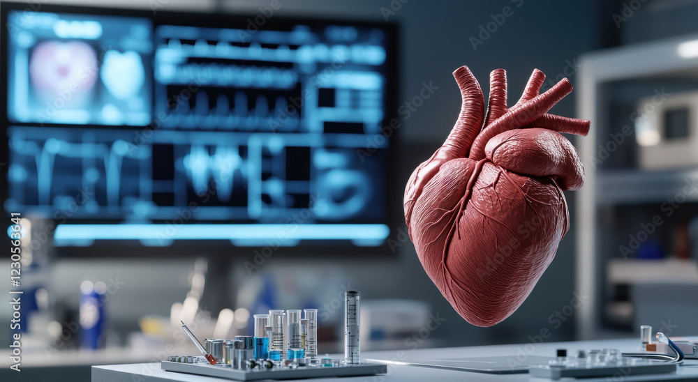 Poster monitor displays a detailed ai-generated heart in a modern laboratory setting during a research proj