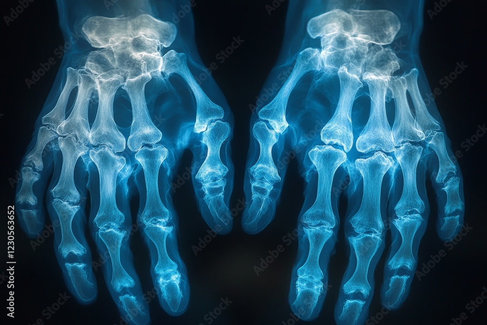 Poster x-ray image showing detailed structure of human hands exhibiting bones and joints in high contrast