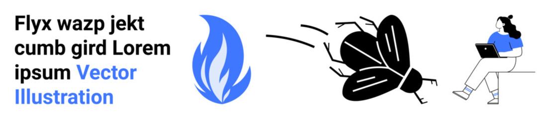 Woman sitting with a laptop, text placeholder, stylized fly, flame symbol. Ideal for tech, work-from-home, productivity, creativity, graphic design, modern lifestyle, and communication. Landing page