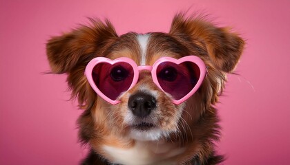 a stylish dog wearing heart shaped sunglasses poses against a bright pink background exuding charm and playfulness