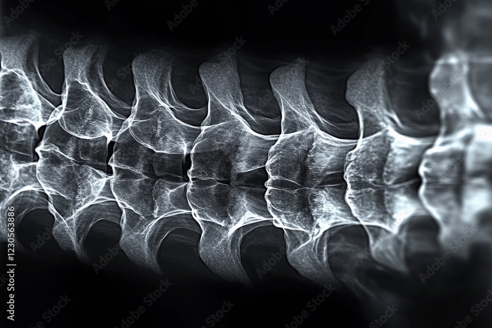 Poster detailed view of a human spine showing vertebrae alignment and structure in high contrast