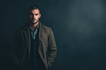 Fototapeta premium Stylish Man in a Dark Environment Wearing a Classic Coat and Vest