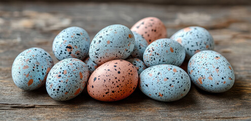 Obraz premium Nest of speckled Easter eggs resting on an aged wooden surface in soft natural light