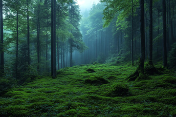 Obraz premium Misty Forest Path Mossy Ground Lush Trees
