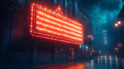 Neon-lit vintage theater marquee glowing in a rainy urban night scene with fog