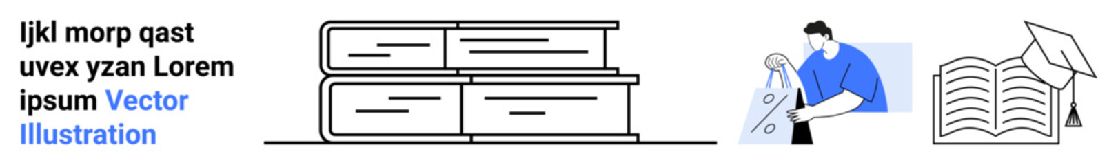 Stack of books, person reading on digital device, open book with graduation cap. Ideal for online courses, e-learning, blended learning, academic research, education technology, digital libraries