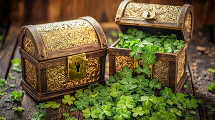 Golden Treasure Chests Overflowing with Green Clover Leaves