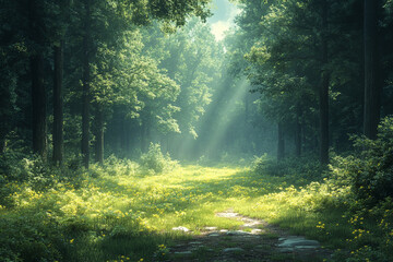 Sunlit Path Through a Lush Green Forest