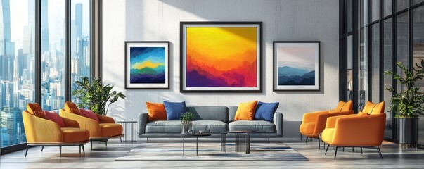 Modern interior wall art mockup showcasing framed designs in a stylish room