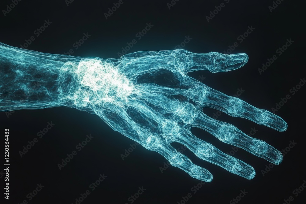 Poster Glowing representation of a human hand showcasing skeletal structure and digital enhancements in a dark environment
