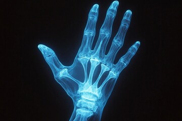Obraz premium X-ray of a human hand showing detailed bone structure and anatomical features taken in a medical setting