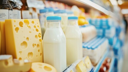 Dairy products displayed on a supermarket shelf with various cheeses and eggs in the background