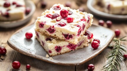 Cranberry almond bars on rustic plate with fresh herbs and berries
