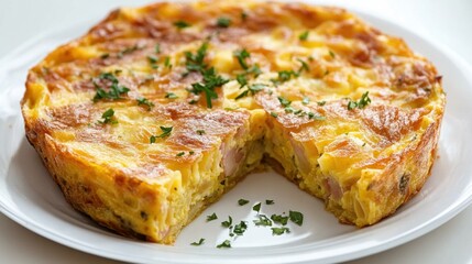 Homemade quiche lorraine with ham and cheese garnished with fresh parsley on a white plate