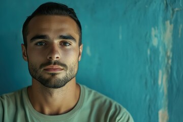 Obraz premium Portrait of a Young Man with a Thoughtful Expression Against a Textured Blue Wall