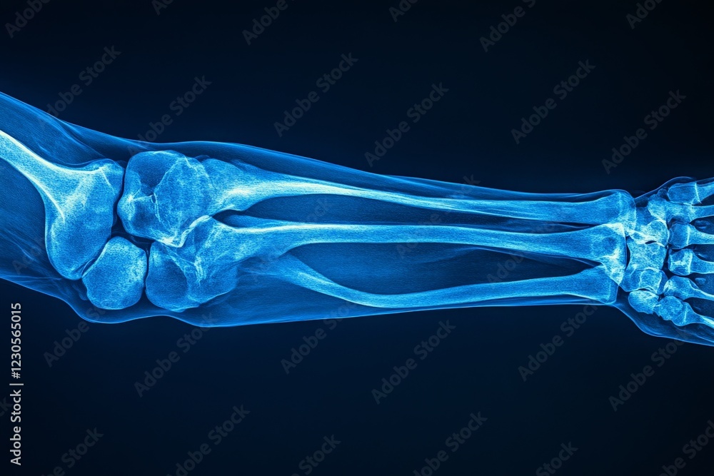 Poster detailed view of an x-ray image showing a human arm with clearly visible bones and joints in blue to
