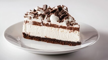 National White Chocolate Cheesecake Day Decadent chocolate and cream cheesecake slice on white plate