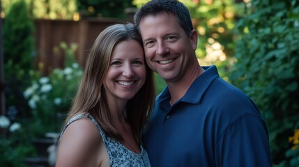 Fototapeta premium Beautiful newlywed couple posing outdoors on their wedding day, dressed in elegant attire, smiling joyfully with lush greenery and a garden setting in the background.
