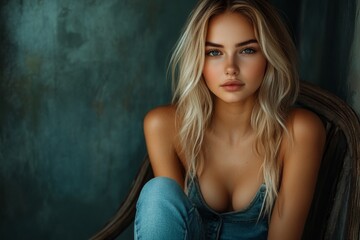 Fototapeta premium Blonde Woman Sitting in Dimly Lit Room