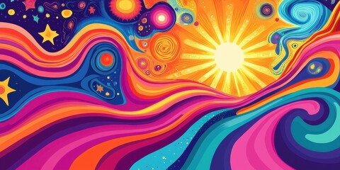 Vibrant Cosmic Waves Sun and Starscape Abstract Art