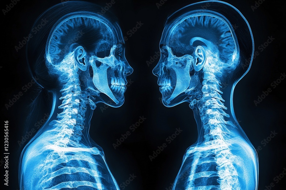 Poster human skeletal structures displayed side by side in a detailed x-ray illustration highlighting anato