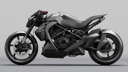 Futuristic black motorcycle with a bold angular design, exposed mechanical details, and a matte finish, captured against a neutral background, emphasizing power, speed, and innovation.